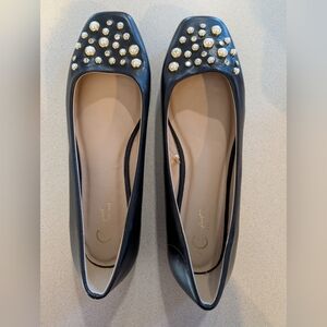 Black Flats with Pearl And Crystal Accents